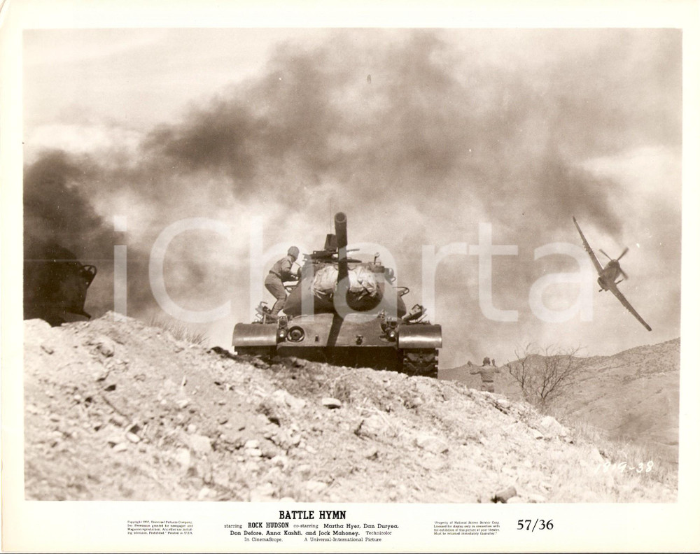 Fotografia d epoca originale 1957 BATTLE HYMN Carro armato abbatte aereo militare Regia di Douglas SIRK Foto 1