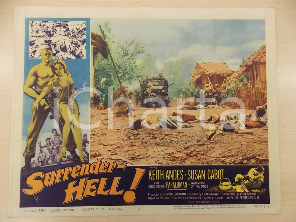 Oggetto da collezione cartaceo 1959 SURRENDER HELL Militari attaccano villaggio Regia John BARNWELL Manifestino 1