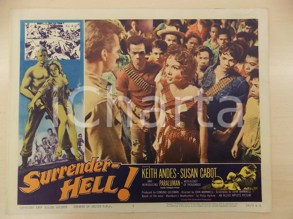 Oggetto da collezione cartaceo 1959 SURRENDER HELL Keith ANDES  PARALUMAN John BARNWELL Manifestino LOBBY CARD 1
