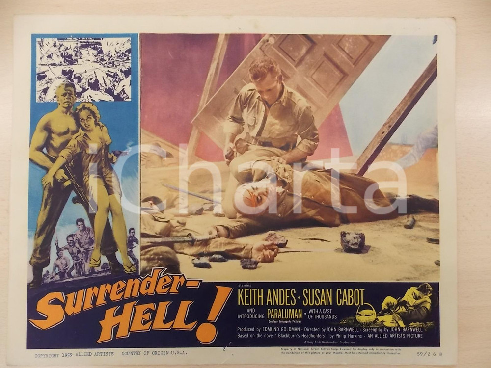 Oggetto da collezione cartaceo 1959 SURRENDER HELL Keith ANDES Susan CABOT Bombardamento Manifestino LOBBY CARD 1