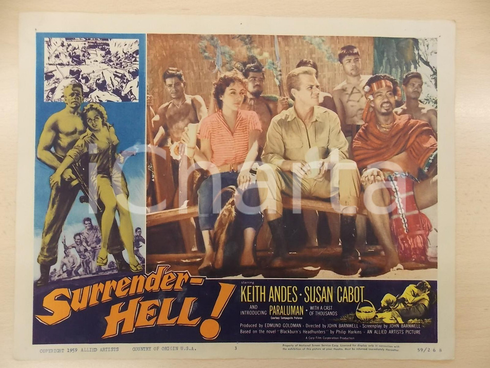 Oggetto da collezione cartaceo 1959 SURRENDER HELL Keith ANDES Susan CABOT John BARNWELL Manifestino LOBBY CARD 1