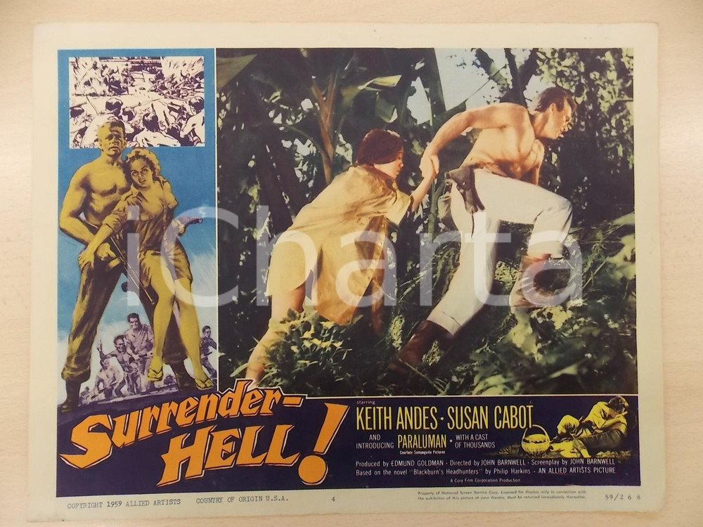 Oggetto da collezione cartaceo 1959 SURRENDER HELL  PARALUMAN Keith ANDES John BARNWELL Manifestino LOBBY CARD 1
