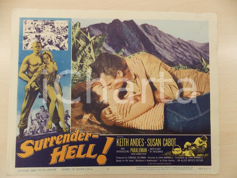 Oggetto da collezione cartaceo 1959 SURRENDER HELL Keith ANDES bacia Susan CABOT John BARNWELL Manifestino 1