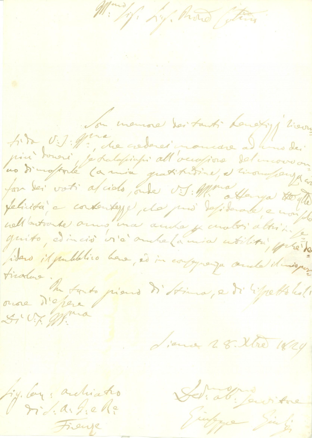 Autografo originale 1829 SIENA Botanico Giuseppe GIULI augura buon anno Lettera AUTOGRAFA 1