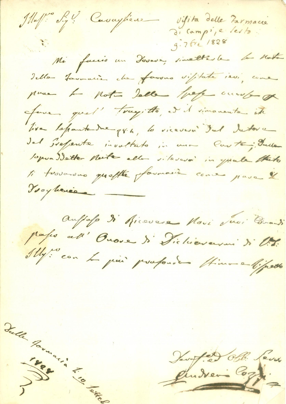 Autografo originale 1828 FIRENZE Medico Andrea COZZI aggiorna su visite a farmacie di CAMPI BISENZIO 1
