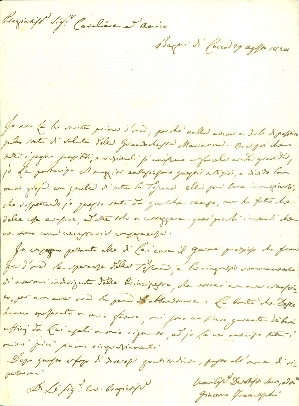 Autografo originale 1824 BAGNI LUCCA Giacomo FRANCESCHI conferma gravidanza Granduchessa Maria Anna 1