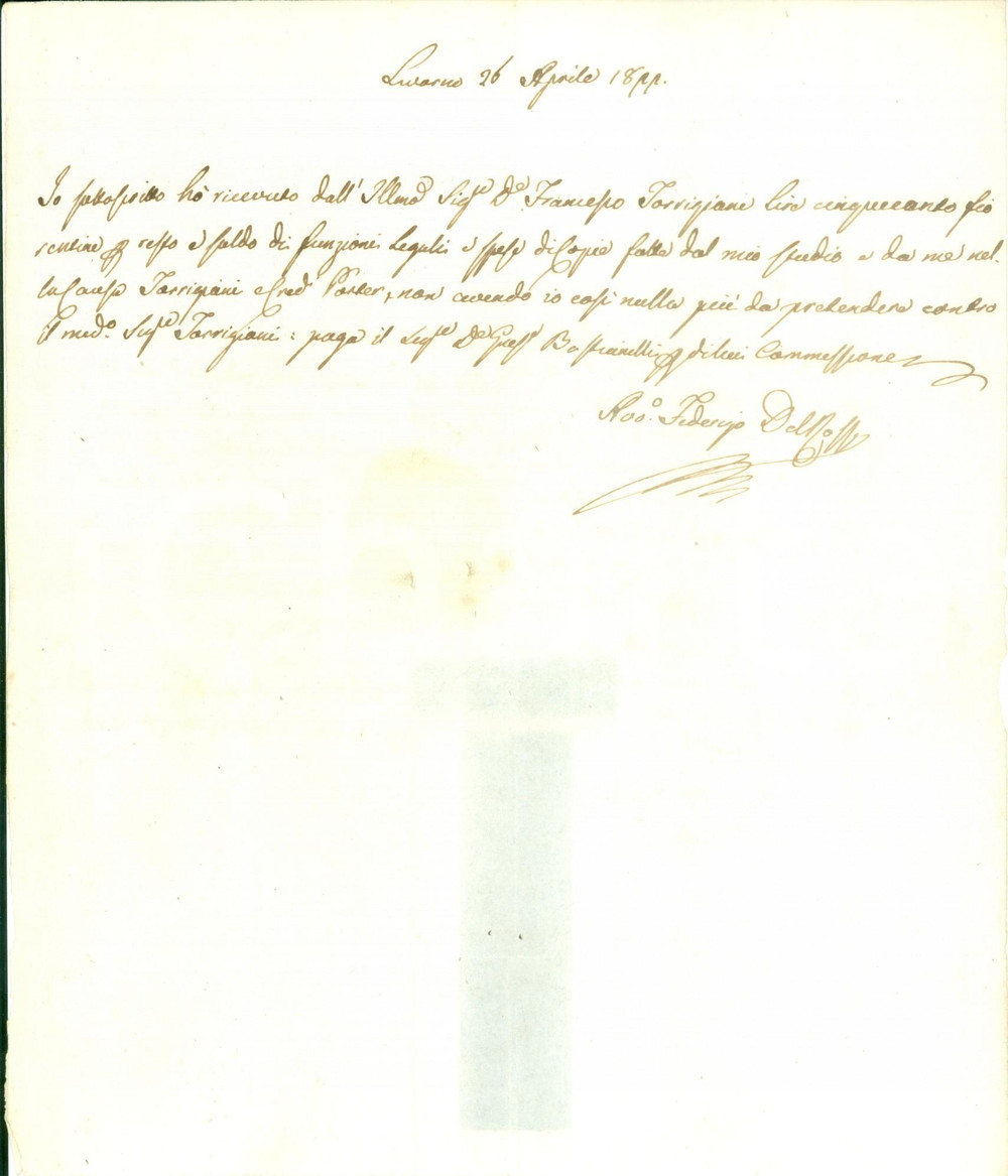 Autografo originale 1822 LIVORNO Giureconsulto Federico DELROSSO riceve un saldo Lettera AUTOGRAFA 1