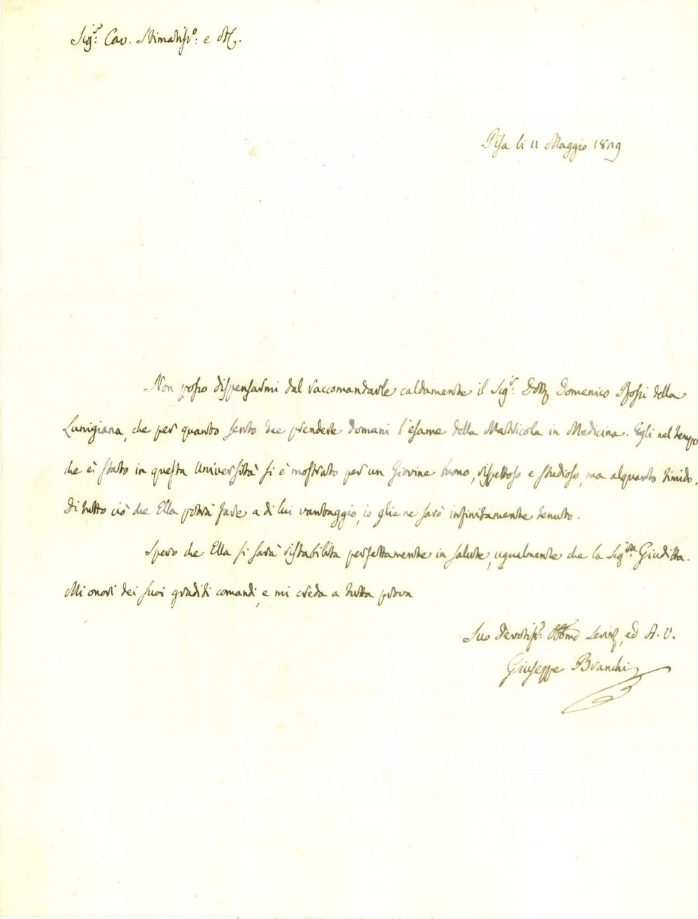 Autografo originale 1829 PISA Medico Giuseppe BRANCHI raccomanda Domenico ROSSI Lettera AUTOGRAFA 1