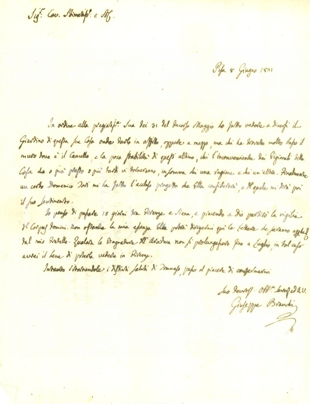 Autografo originale 1821 PISA Medico Giuseppe BRANCHI affitta giardino di Francesco TORRIGIANI 1