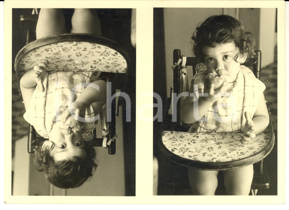 Fotografia d epoca originale 1960 ca FRANCE Colazione di una bambina Foto doppia VINTAGE 18x13 1