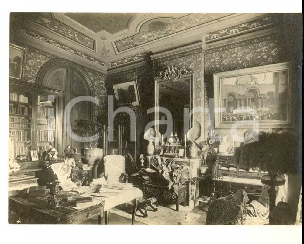 Fotografia d epoca originale 1920 ca FRANCE Arredamento studio privato in un castello Foto ARTISTICA 12x10 1