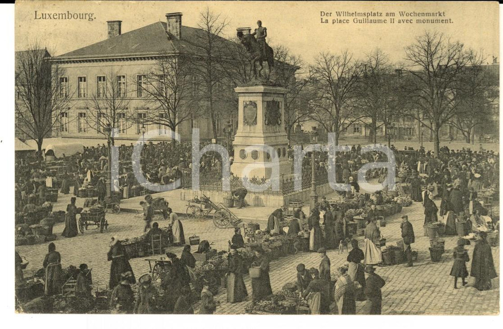 Cartolina originale da collezione 1907 LUXEMBOURG La place Guillaume II avec monument Carte postale ANIMEE 1