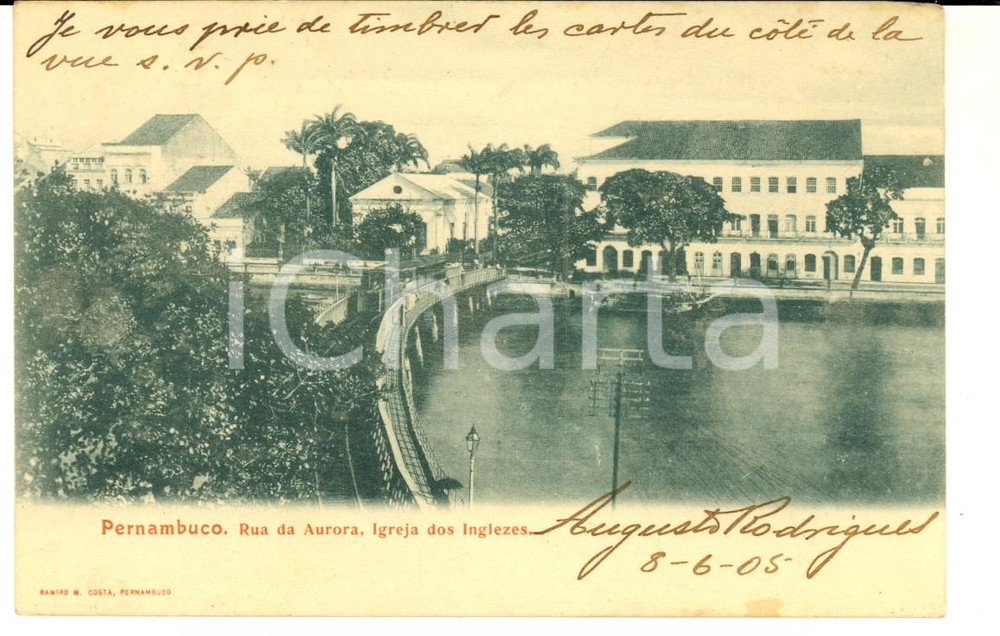 Cartolina originale da collezione 1905 PERNAMBUCO BRAZIL Rua da Aurora y Igreja dos Inglezes VINTAGE Postcard 1