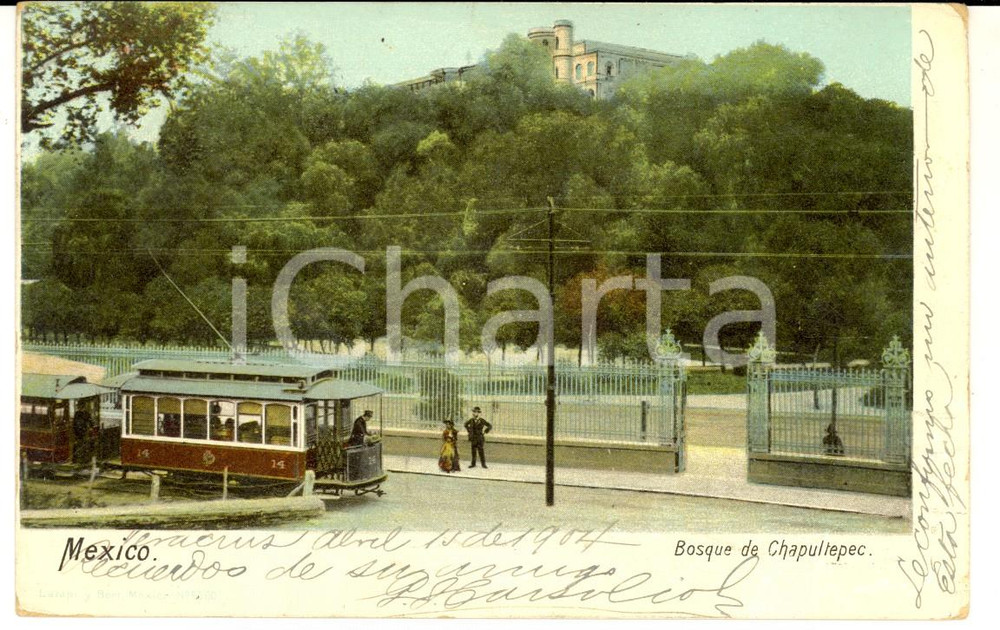 Cartolina originale da collezione 1904 MEXICO Bosque de CHAPULTEPEC Cartolina postale ANIMATA con tram FP VG 1
