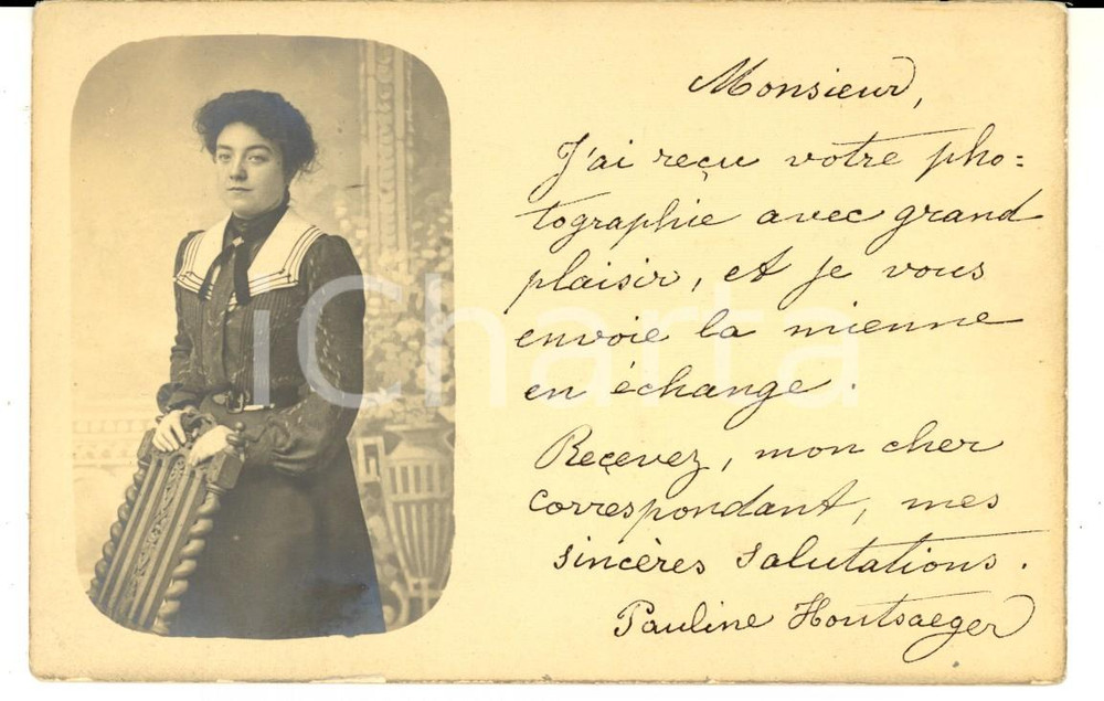 Fotografia d epoca originale 1905 ca FRANCE Pauline HOUTSAEGER envoie photo à un correspondant Carte postale 1