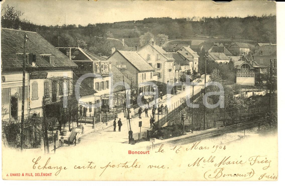 Cartolina originale da collezione 1904 BONCOURT CH Veduta della strada principale Cartolina ANIMATA FP VG 1