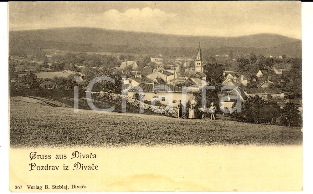 Cartolina originale da collezione 1900 ca DIVACA SLOVENIA Panorama del paese Cartolina ANIMATA con bambini FP 1