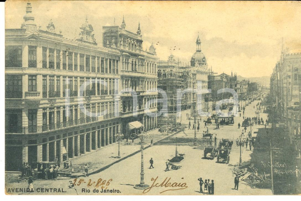 Cartolina originale da collezione 1906 RIO DE JANEIRO BRASILE Avenida Central Cartolina ANIMATA con carrozze FP 1