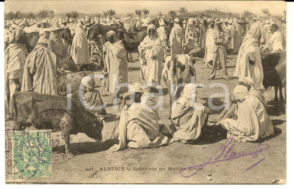 Cartolina originale da collezione 1907 ALGERIA Scena di un mercato arabo Cartolina BLANCARD DE LERY architetto 1