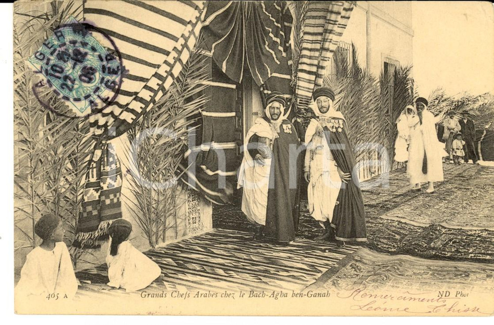 Cartolina originale da collezione 1906 ALGERIE Grand chefs arabes chez le BachAgha benGanah Carte postale 1