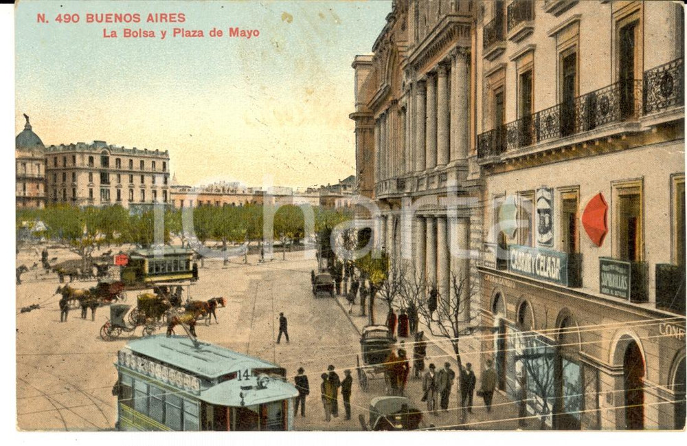 Cartolina originale da collezione 1912 BUENOS AIRES ARGENTINA La Bolsa y Plaza de Mayo Tarjeta postal VINTAGE 1