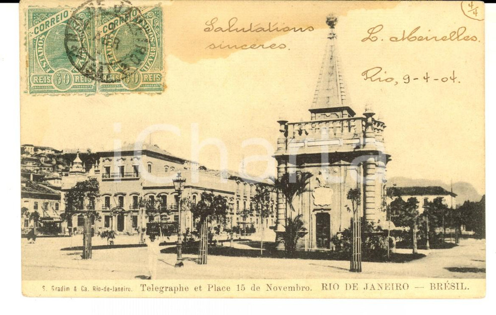 Cartolina originale da collezione 1904 RIO DE JANEIRO Telegrafo e piazza 15 Novembre Cartolina L. MEIRELLES 1