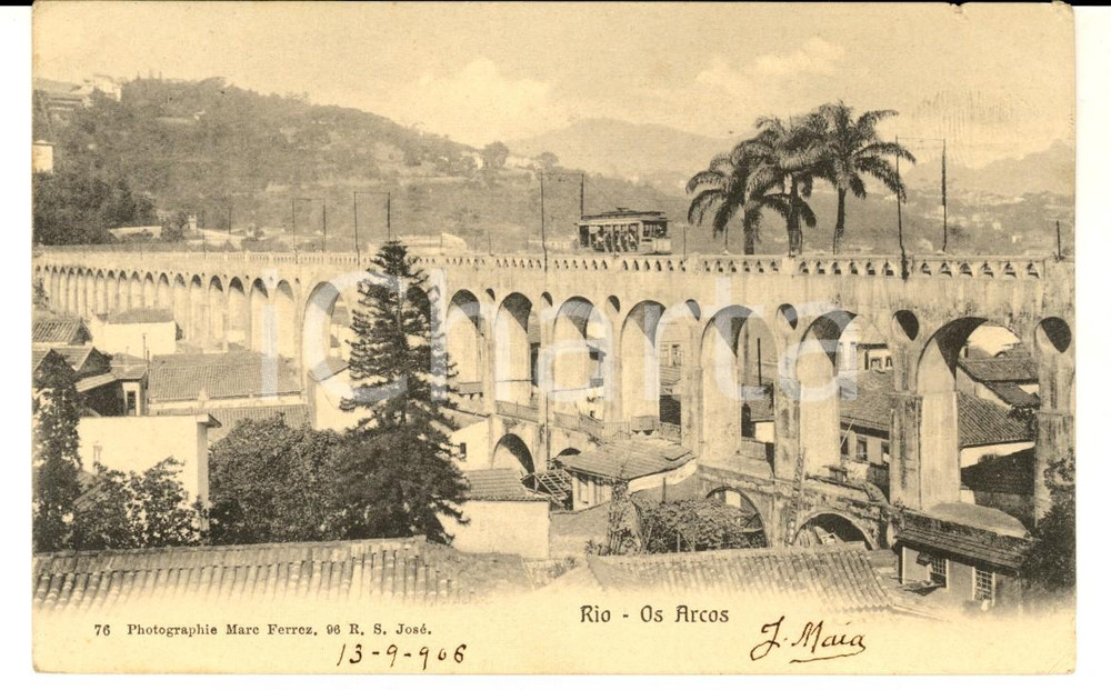 Cartolina originale da collezione 1906 RIO DE JANEIRO BRAZIL Os Arcos Cartolina ANIMATA con filobus FP VG 1