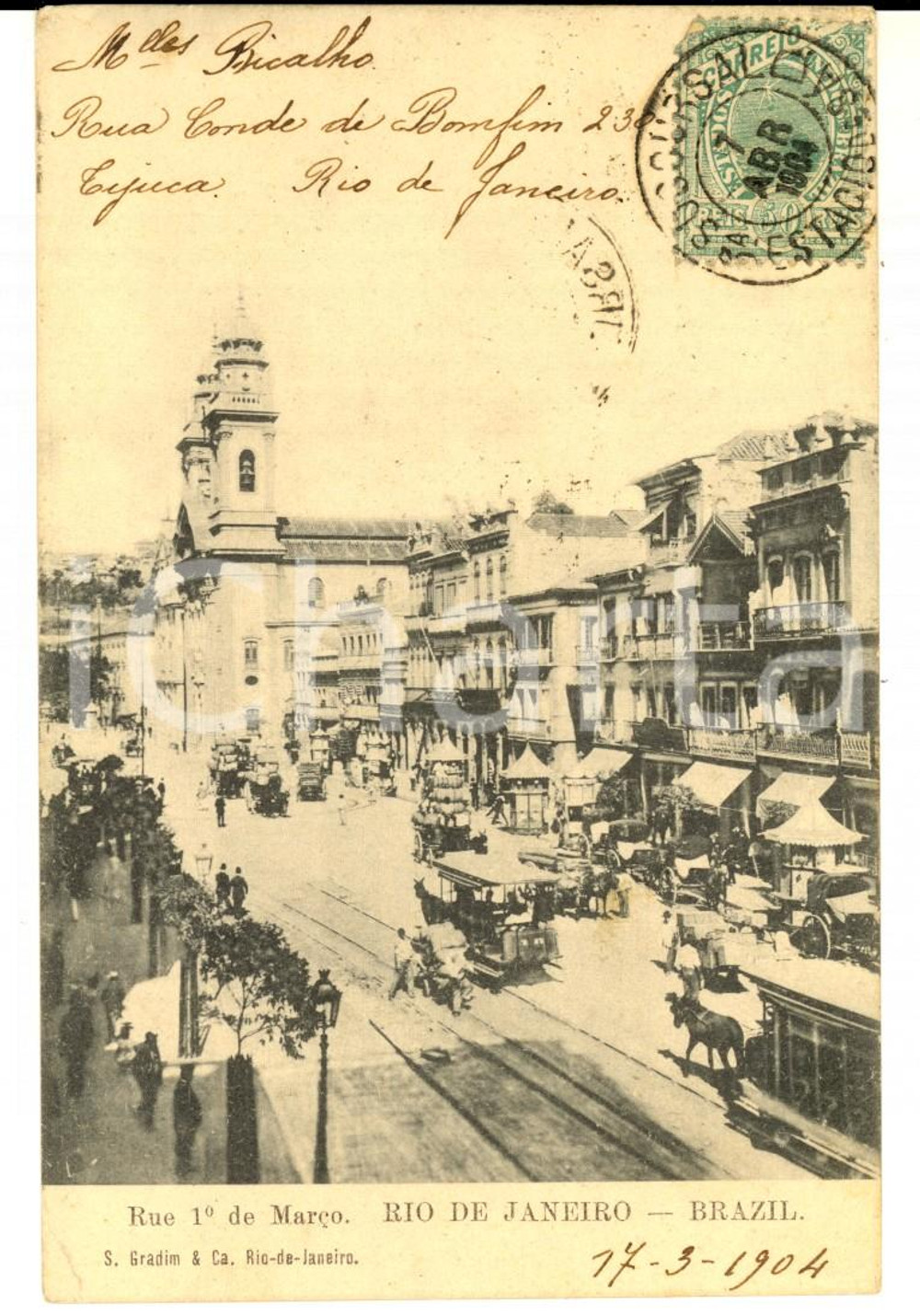 1904 RIO DE JANEIRO Rue 1° de Março *Cartolina ANIMATA con TRAM A CAVALLI FP VG