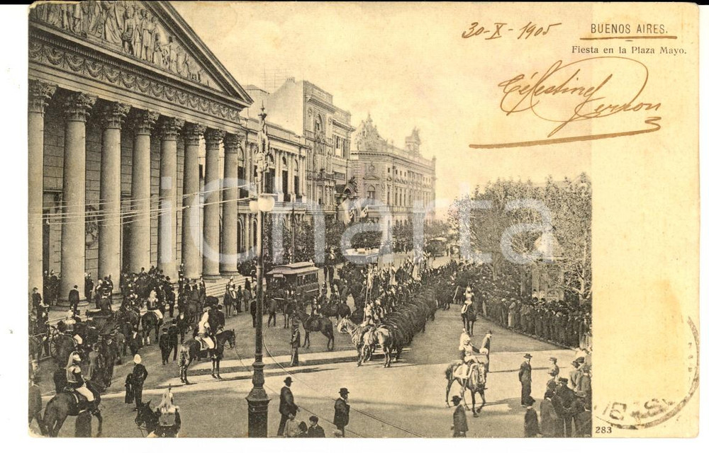 Cartolina originale da collezione 1905 BUENOS AIRES ARGENTINA Fiesta en la Plaza MAYO Cartolina ANIMATA FP VG 1
