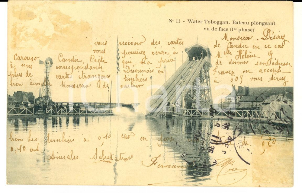 Cartolina originale da collezione 1904 NANTES FRANCE Water Toboggan  Bateau plongeant Carte postale FP VG 1