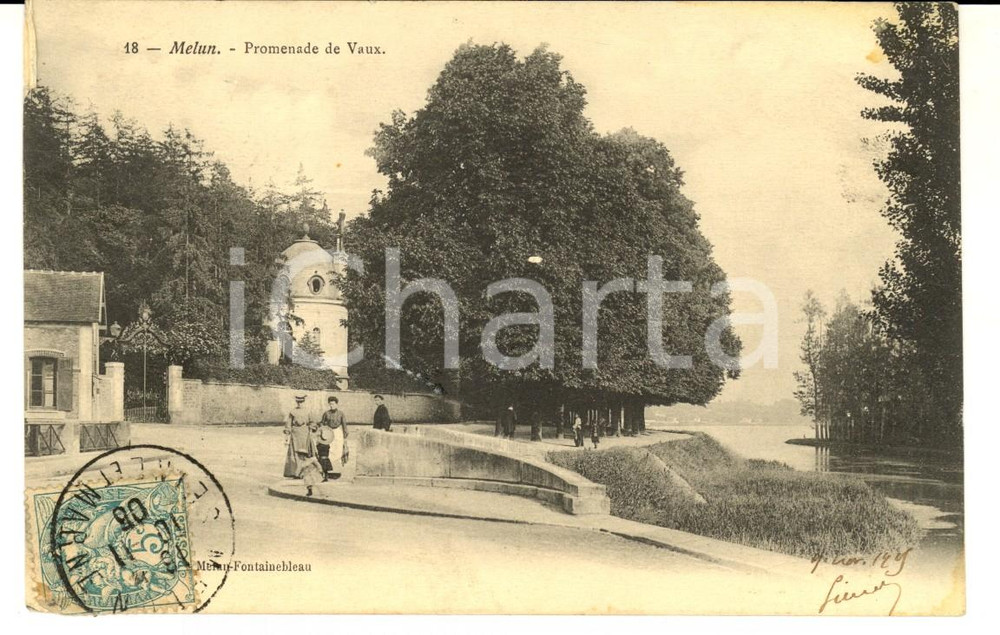 Cartolina originale da collezione 1905 MELUN FRANCE Promenade de VAUX Carte postale ANIMEE FP VG 1