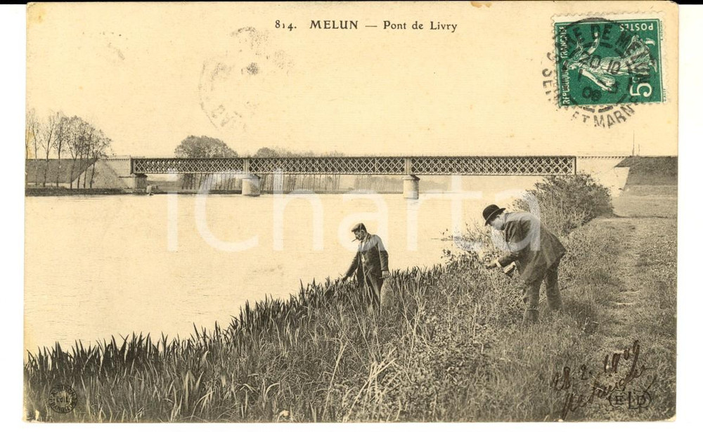 Cartolina originale da collezione 1909 MELUN FRANCE Pont de LIVRY Carte postale ANIMEE avec pÃªcheurs 1