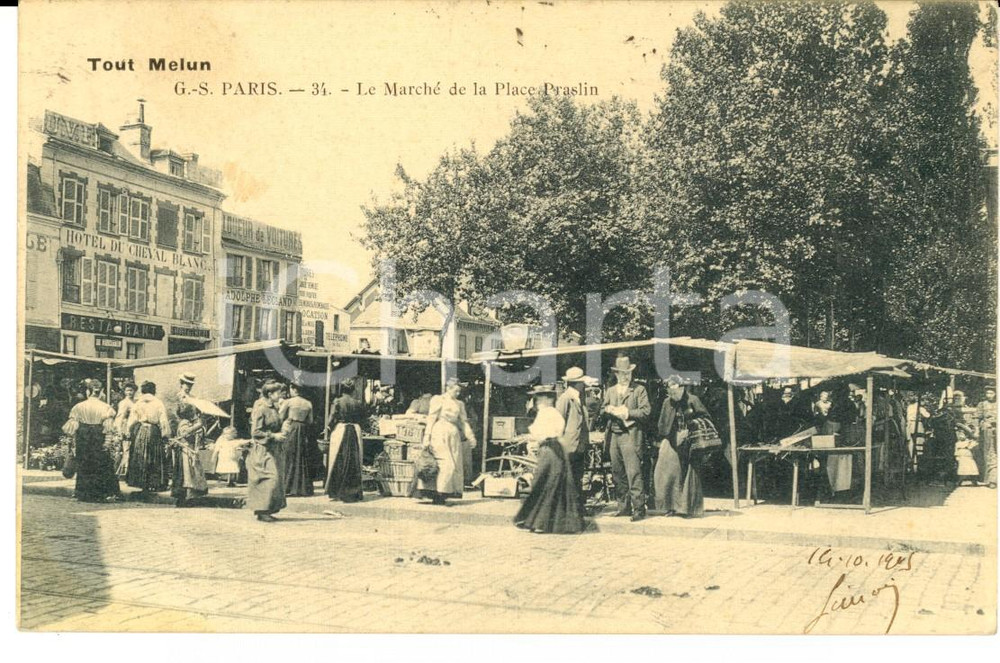 Cartolina originale da collezione 1906 MELUN FRANCE MarchÃ© de place PRASLIN Carte postale ANIMEE FP VG 1