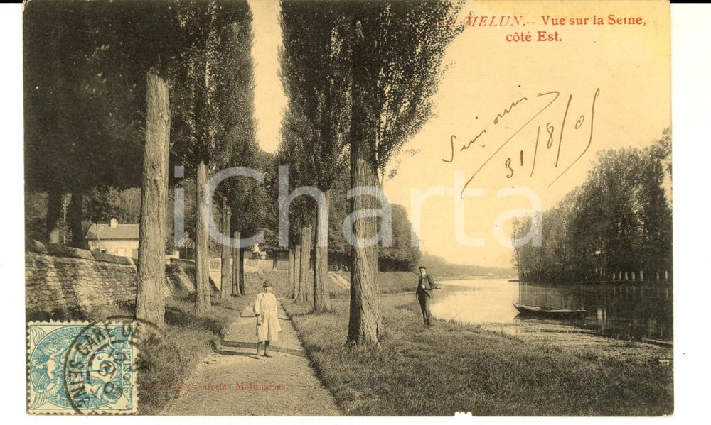Cartolina originale da collezione 1905 MELUN FRANCE Vue sur la SEINE cÃ´tÃ© est Carte postale ANIMEE VINTAGE 1