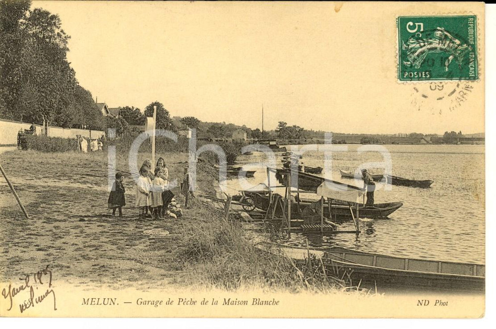 Cartolina originale da collezione 1909 MELUN FRANCE Garage de pÃªche MAISON BLANCHE Carte ANIMEE avec enfants 1