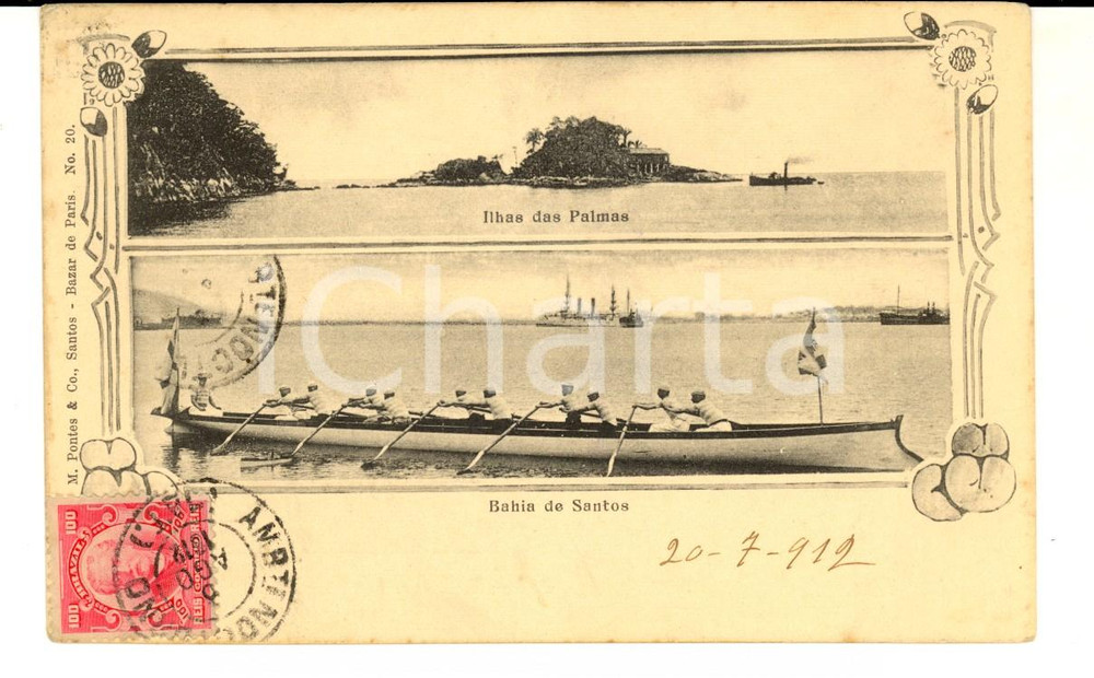 Cartolina originale da collezione 1912 SANTOS BRAZIL Ilha das Palmas Cartolina Bonifacio DE ANDRADE MACHADO 1