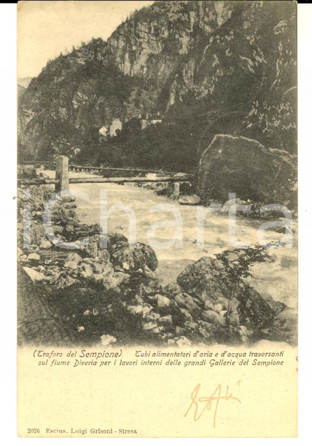 Cartolina originale da collezione 1906 Traforo del SEMPIONE Tubi alimentatori d aria sul fiume DIVERIA Cartolina 1