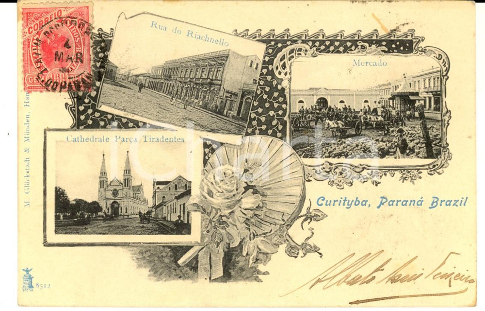 Cartolina originale da collezione 1904 CURITYBA BRAZIL Vedutine con rua do RIACHNELLO e mercato Cartolina 1