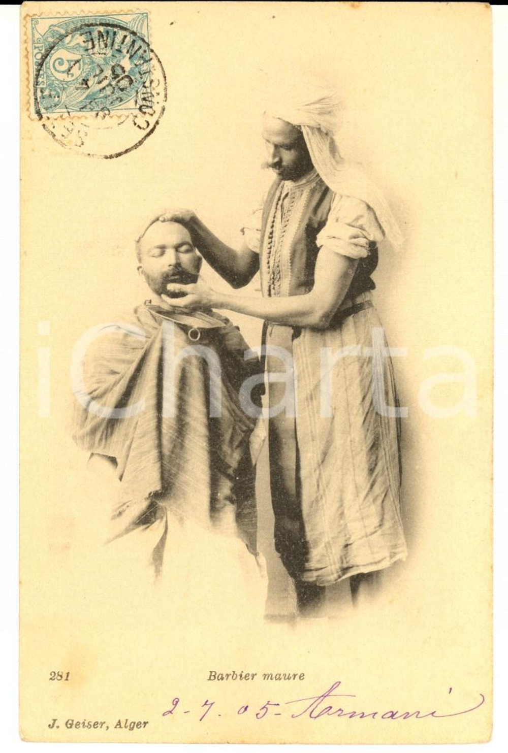 Cartolina originale da collezione 1905 COUTUMES ALGERIE Barbier maure avec un client Carte postale VINTAGE 1