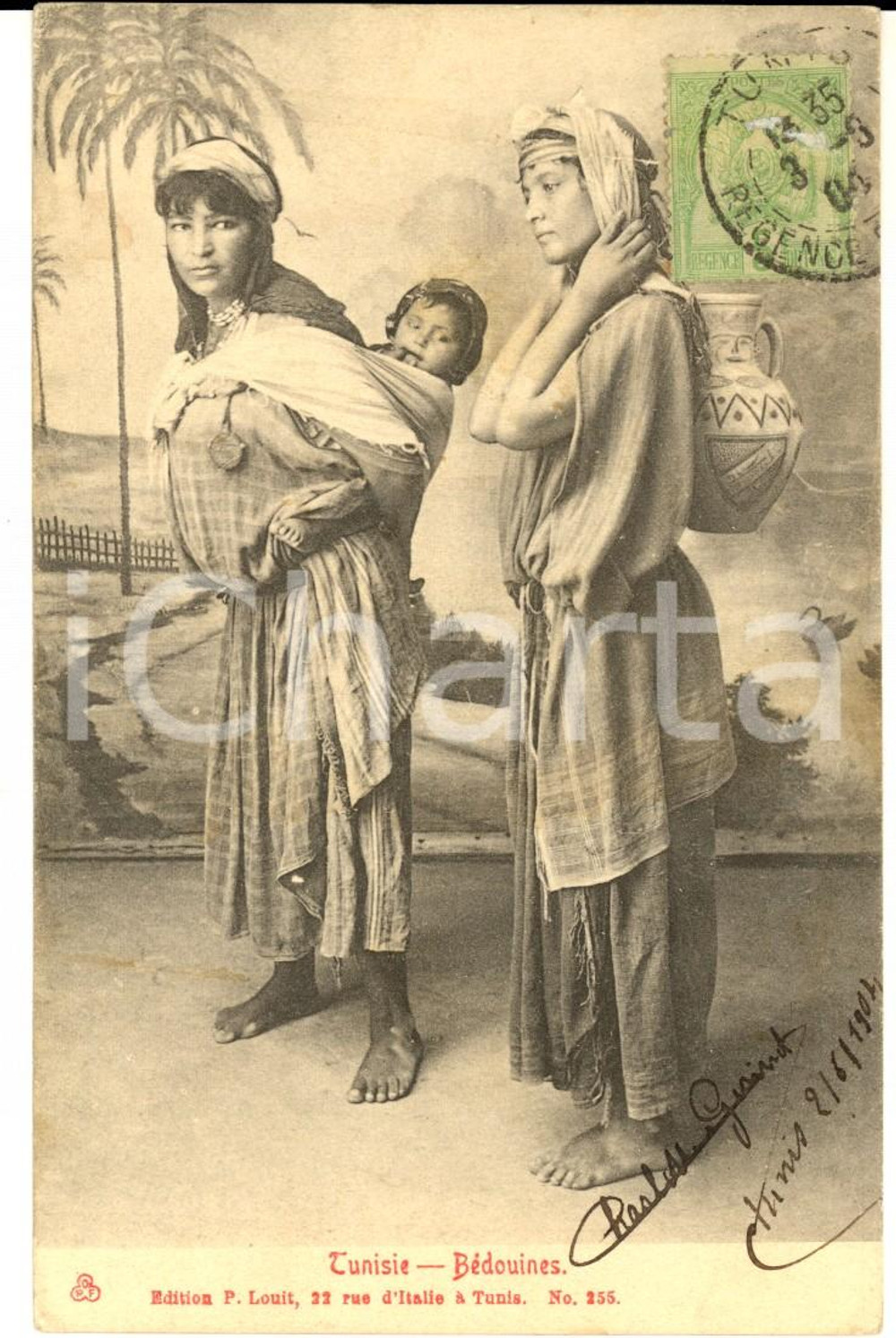Cartolina originale da collezione 1904 COUTUMES TUNISIE BÃ©douines avec enfant Carte postale VINTAGE FP VG 1