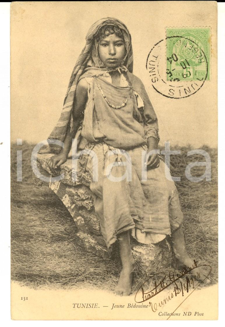 Cartolina originale da collezione 1904 COUTUMES TUNISIE Jeune fille bÃ©douine Carte postale VINTAGE FP VG 1