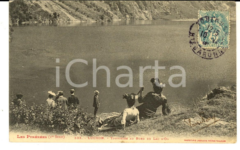 Cartolina originale da collezione 1905 ca LUCHON PYRENEES Touristes au bord du lac d OO Carte postale 1