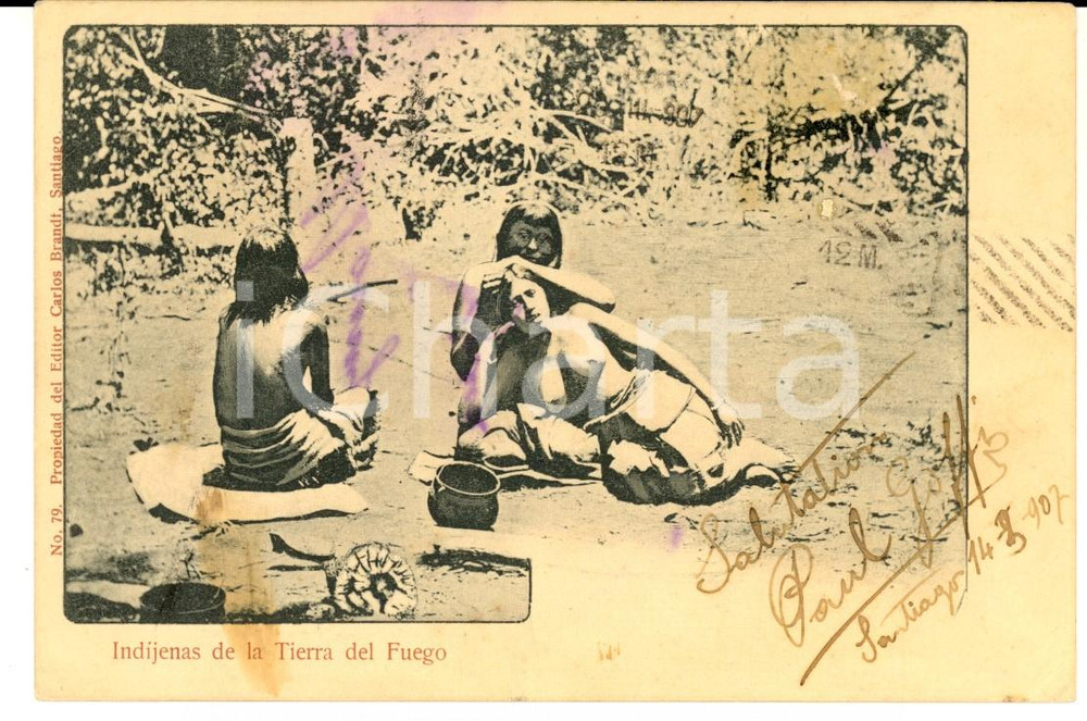 Cartolina originale da collezione 1907 EROTICA VINTAGE SANTIAGO DEL CILE Indigene distese Cartolina FP VG 1