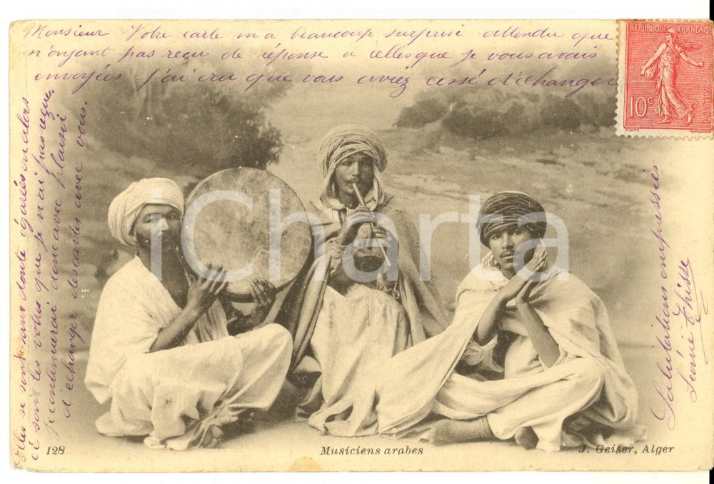 Cartolina originale da collezione 1905 COUTUMES ALGERIE Musiciens arabes Carte postale VINTAGE FP VG 1