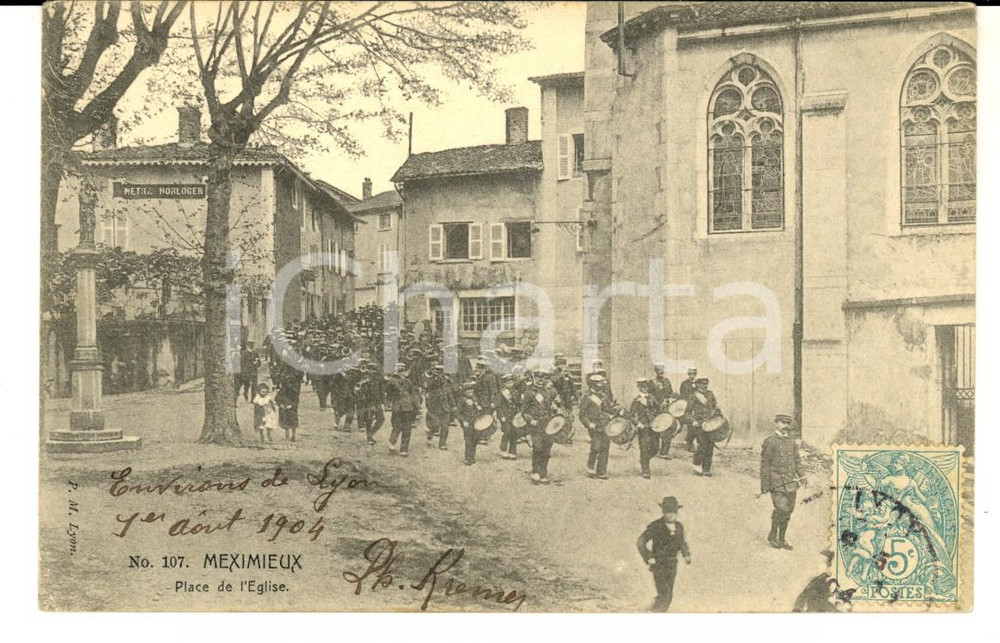 Cartolina originale da collezione 1904 MEXIMIEUX F Place de l Eglise  Fanfare Municipale Carte postale VINTAGE 1