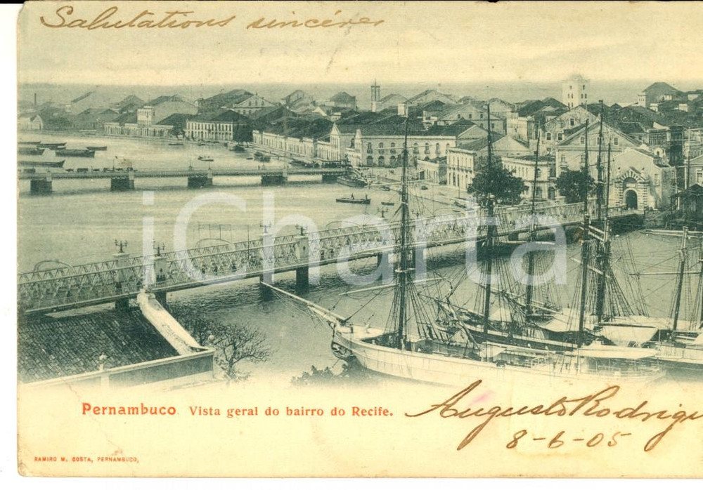 Cartolina originale da collezione 1905 PERNAMBUCO BRAZIL Vista general do bairro do RECIFE Cartolina FP VG 1