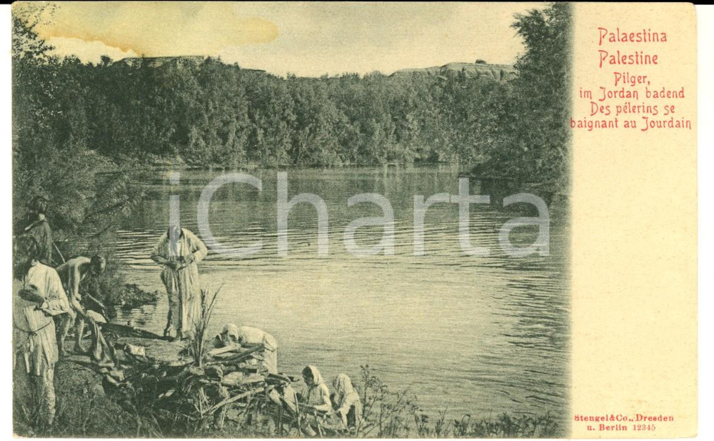 Cartolina originale da collezione 1900 ca PALESTINA Pellegrini si immergono nel Giordano Cartolina postale FP 1