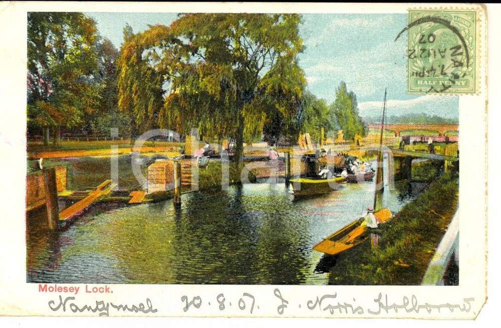 1907 LONDON Veduta del MOLESEY LOCK *Cartolina ILLUSTRATA ANIMATA FP VG   CONDIZIONI: poor    originale e autentica 1