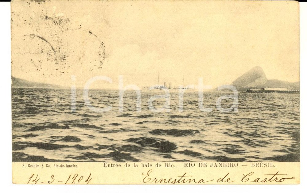 Cartolina originale da collezione 1906 RIO DE JANEIRO Ingresso della baia Cartolina ANIMATA con nave in transito 1