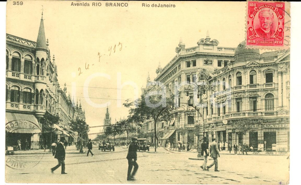 Cartolina originale da collezione 1913 RIO DE JANEIRO Avenida RIO BRANCO Cartolina postale ANIMATA FP VG 1